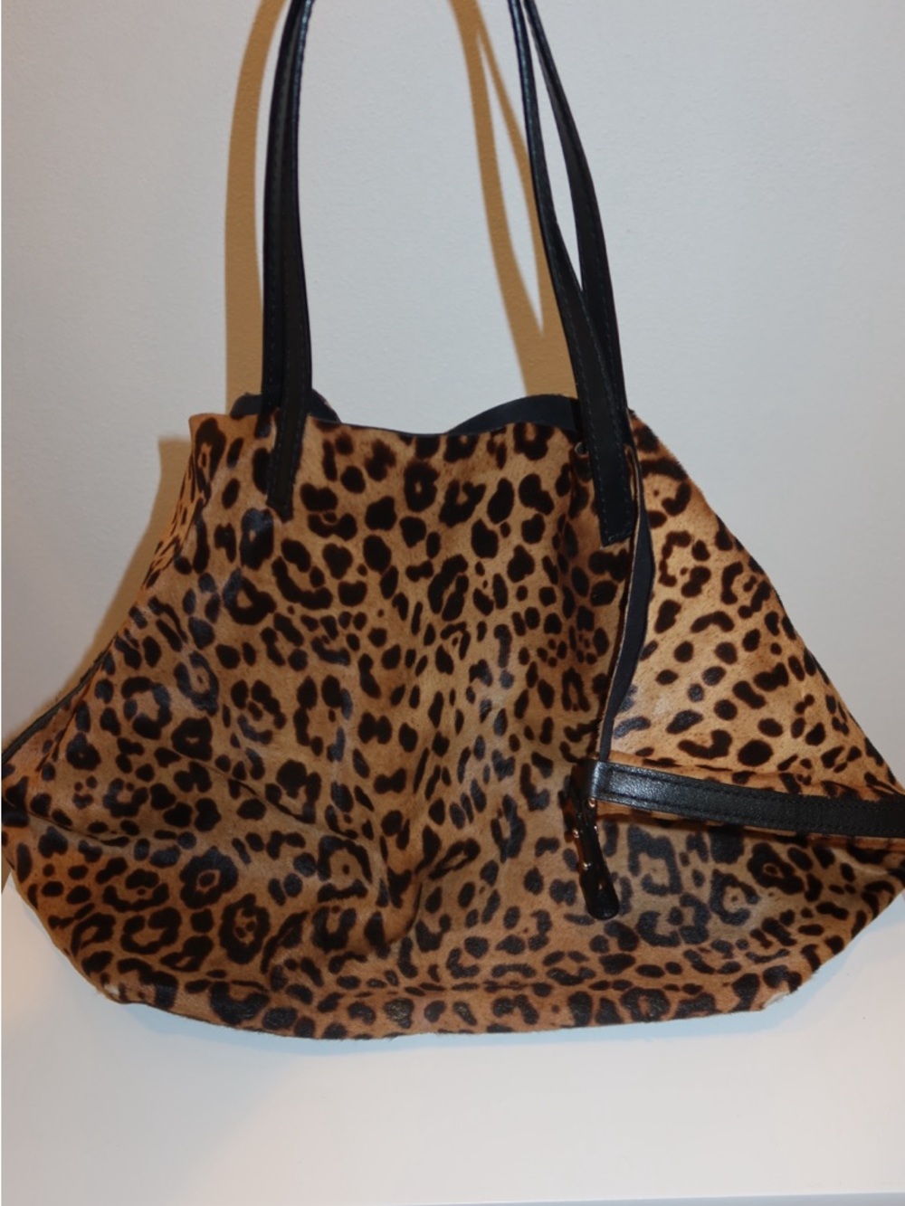 Carolina Herrera Ponyhair Leopard Print Tote / Shoulder Bag with Black Trim